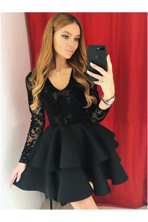 Short Black Prom Dress Long Sleeves Lace Homecoming Graduation Cocktail