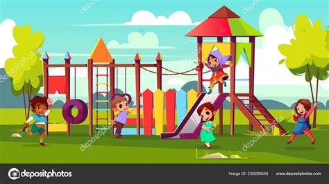 Kids Playing On Park Playground Cartoon Vector Stock Vector Image By