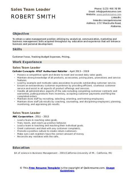 • acted as communication officer between the top and middle management in terms of project updates. Sales Team Leader Resume Samples | QwikResume