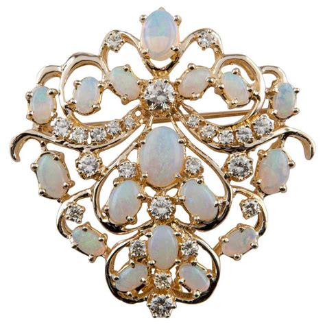 Opal And Round Brilliant Cut Diamond Brooch Pin Set In 14 Karat Yellow