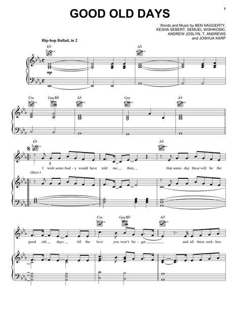 good old days sheet music macklemore feat kesha piano vocal and guitar chords right hand