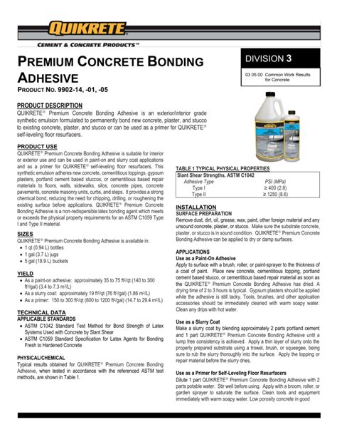 Quikrete Product Data Sheet Premium Concrete Bonding Adhesive