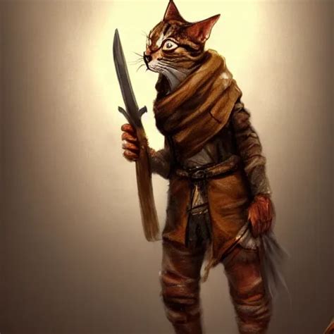 Krea Humanoid Homeless Cat Wearing Rags And Holding A Sword Concept