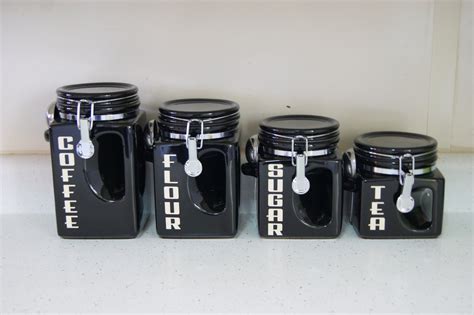 Ceramic Kitchen Canister Set Black Coffee Tea Sugar Flour Jars