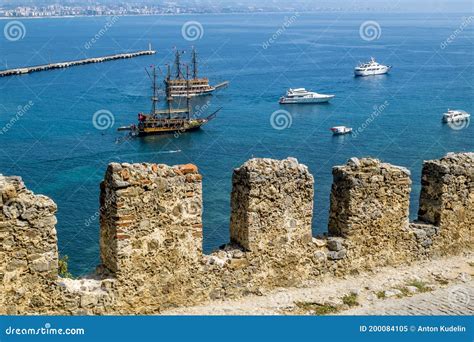 View Of The Walls Of The Ancient Fortress And The Harbor In Alanya In