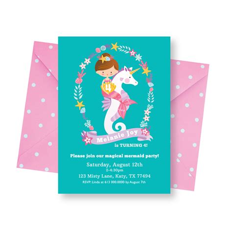 Mermaid Unicorn Invitation Printable Customized Diy Invitation Girl