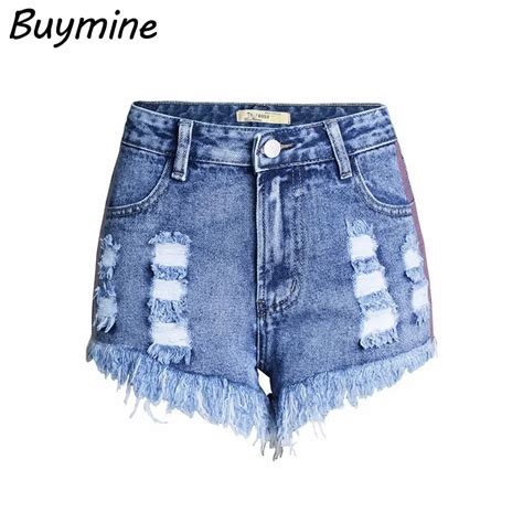 Buymine Summer Tassel Ripped Denim Shorts Women Fashion Side Stripe High Waist Shorts Tassel
