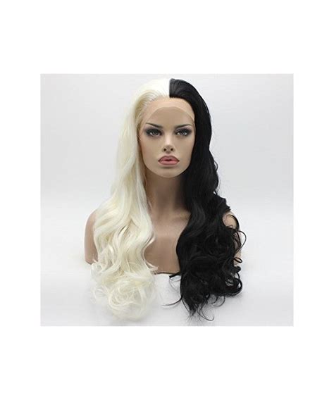 Wavy Long 24inch Half White Half Black Mix Synthetic Lace Front Wig