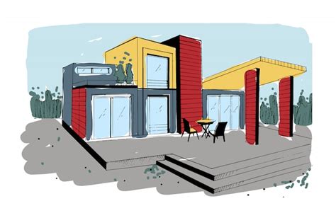 Dibujado A Mano Cabaña Moderna Casa Residencial Privada Ilustración