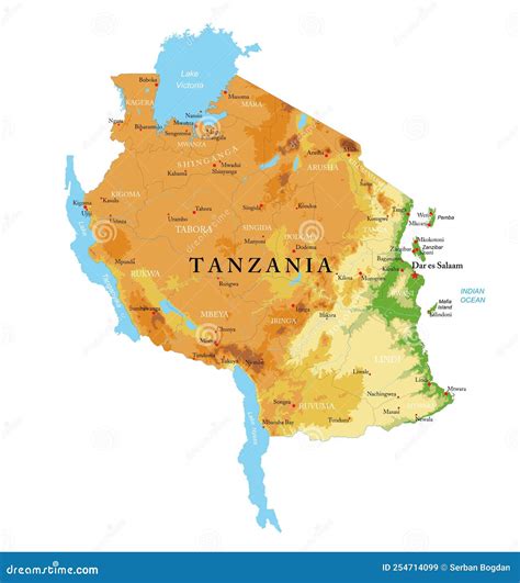 Tanzania Highly Detailed Physical Map Cartoon Vector Cartoondealer
