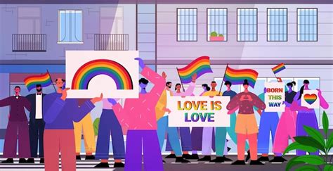 Premium Vector Mix Race People Holding Lgbt Rainbow Flags And Placards Gay Lesbian Love Parade