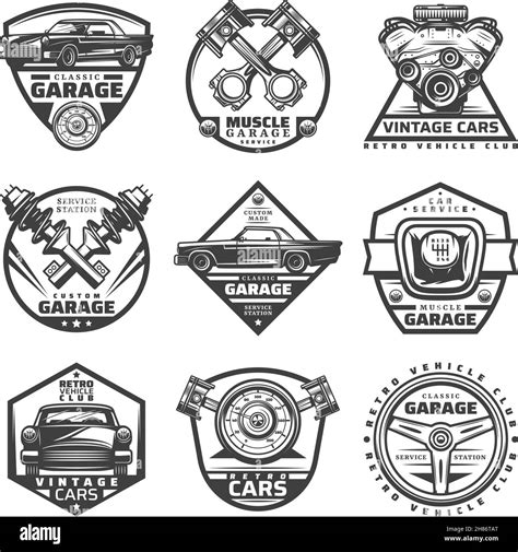 Vintage Car Repair Service Labels Set With Inscriptions And Automobile