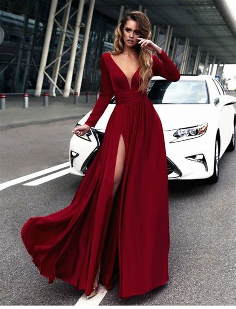 Sexy Red Prom Dress V Neck Long Sleeves Prom Dresses Chiffon Evening Dress Formal Dress On Storenvy