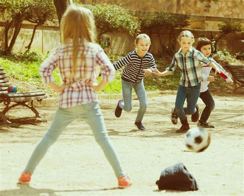 Junior Kids Playing Street Football Outdoors Stock Image Image Of