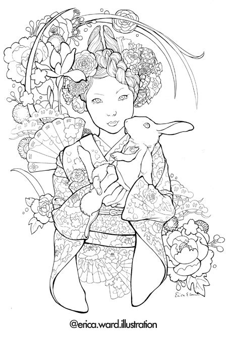 Cherry Blossom Coloring Page At Getcoloringscom Free Japanese Landscape With Japanese Woman In