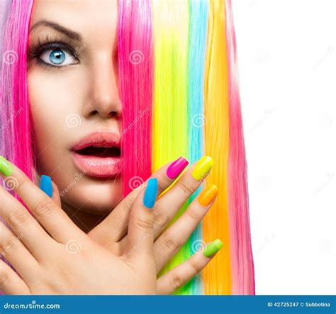 Beauty Girl With Colorful Hair And Nail Polish Stock Photo Image