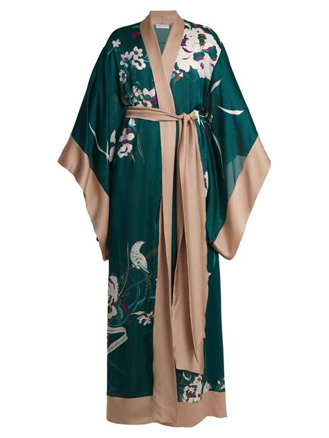 Carine Gilson Floral Print Silk Satin Kimono Robe In Green Print Green