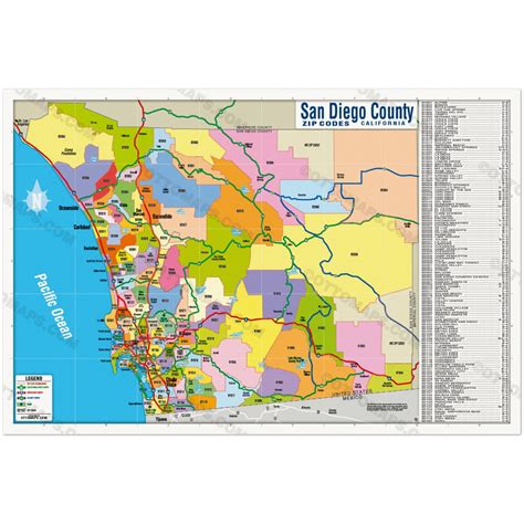 San Diego County Zip Code Map Full Zips Colorized Poster Print