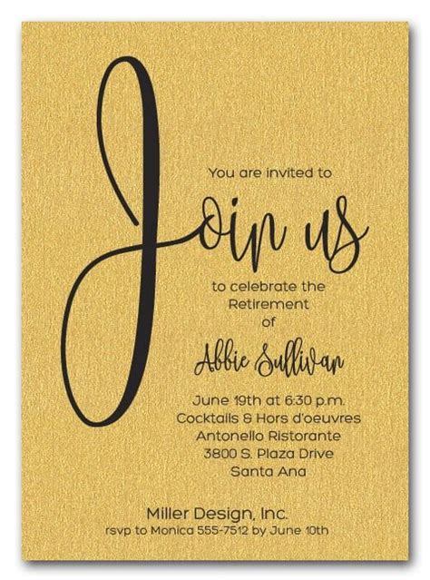 Shimmery Gold Join Us Retirement Retirement Party Invitations