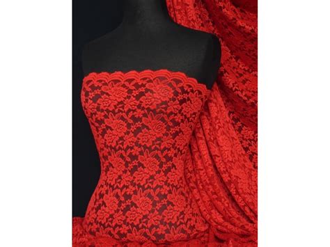 Lace Rose Design Scalloped 4 Way Stretch Lace Fabric- Red Q723 RD