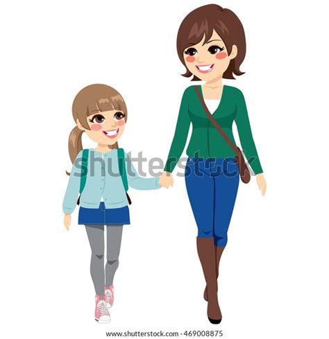 Young Mother Her Daughter Holding Hands Stock Vector Royalty Free