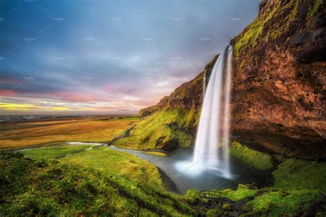 Seljalandsfoss Waterfall In Iceland At Sunset High Quality Nature