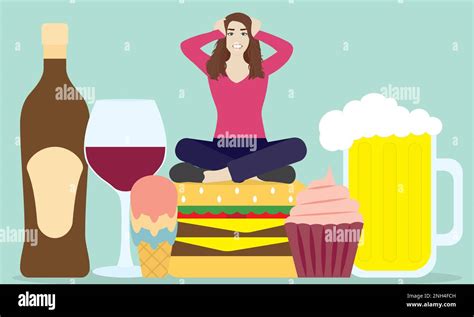 stressed woman overeating and drinking too much alcohol stock vector image and art alamy