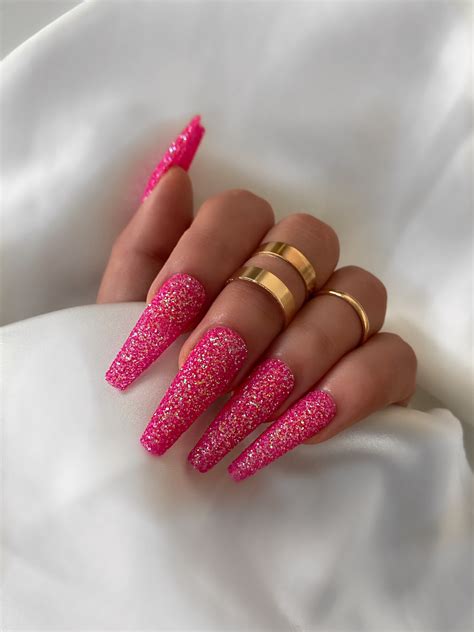 Glitter Long Pink Coffin Nails Uk
