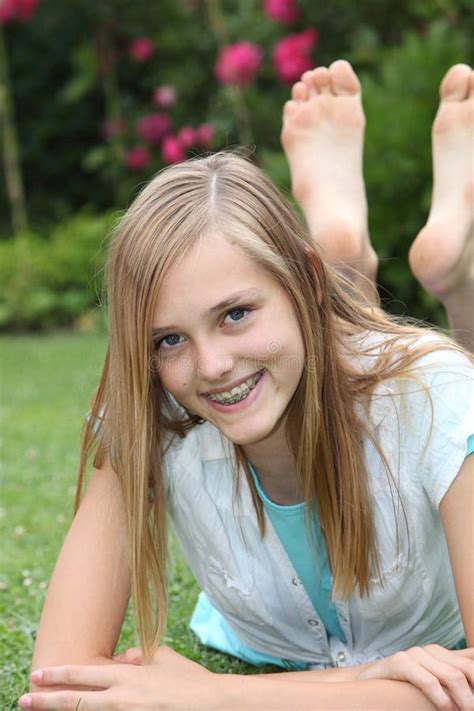Happy Barefoot Carefree Teenage Girl Stock Photo Image Of Dentition