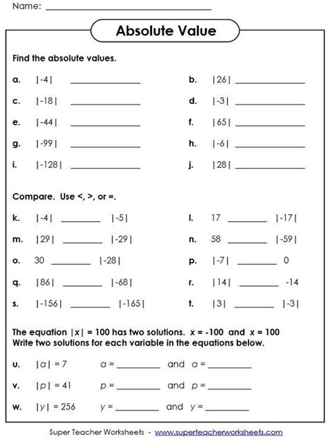Absolute Value Of Rational Numbers Worksheet