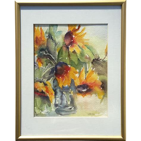 Original Artist Signed J. Ross Framed Sunflower Watercolor Painting ...