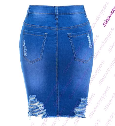 Womens Stretch Denim Skirt Ladies Pencil Ripped Skirts New Size 8 10 12 14 Blue Ebay