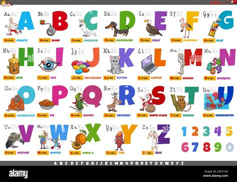Alphabet With Cartoon Characters And Objects Educational Set Stock