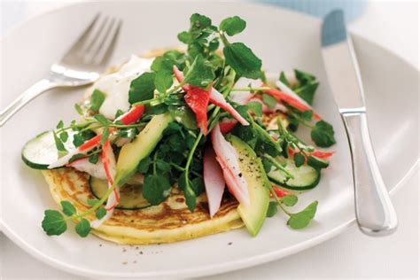 Fluffy Chive Pancakes With Sour Cream And Seafood Salad