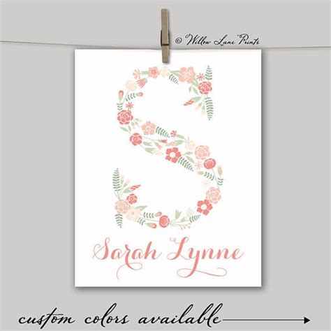 Cottage Chic Wall Decor Baby Girls Floral Monogram Print Coral And