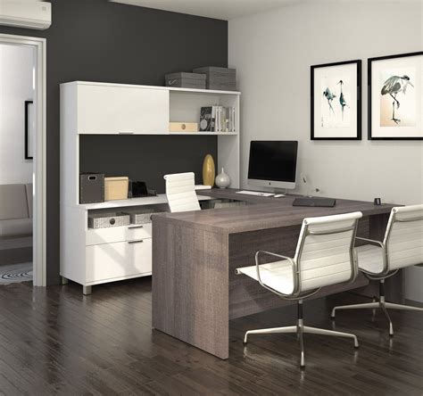 Premium Modern U Shaped Desk With Hutch In White And Bark