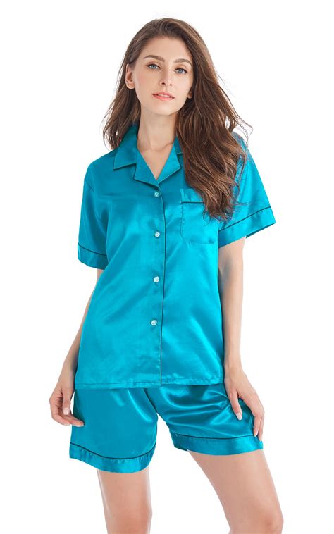 Women S Silk Satin Pajama Set Short Sleeve Deep Ocean Green With Blac
