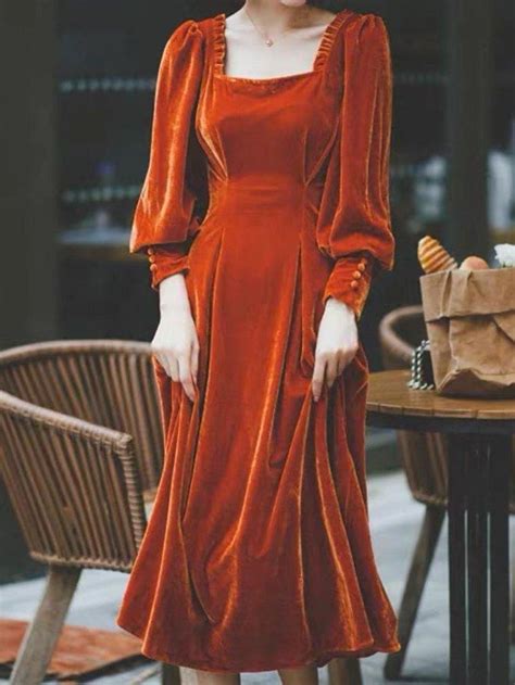 Vintage Velvet Dresses Casual Square Neck Long Sleeve Dresses Plus Size
