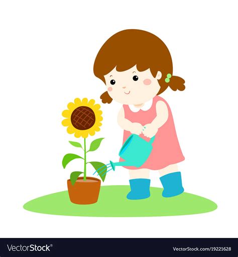 Girl Watering Sun Flower Cartoon Royalty Free Vector Image