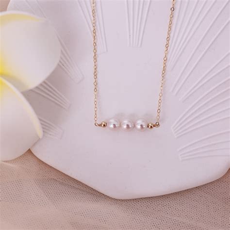 14k Gold Filled Pearl Bar Necklace Triple Pearl Bar Necklace Etsy