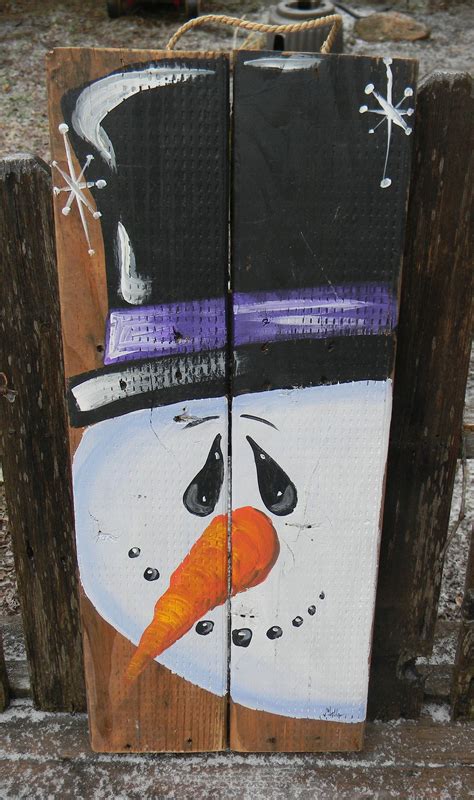 Snowman Painted On Reclaimed Wood Pallet Hand Painted Etsy Wood