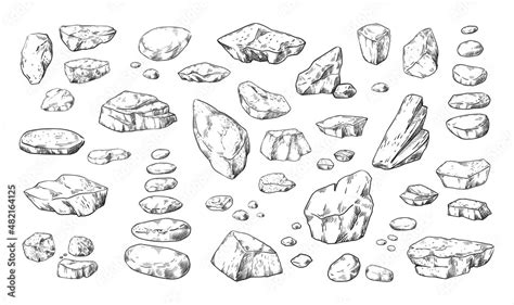 Stones Sketch Hand Drawn Pebble And Boulders In Piles Outline Doodle