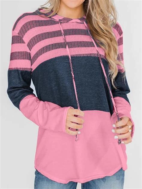 striped color block drawstring casual hoodie for women straight clothes