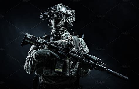 Modern Combatant Containing Army Soldier And Armed Army Infantry