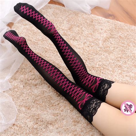 New Print Bow Stripes Lace Sexy Women Over Knee Stockings Thin Nylon