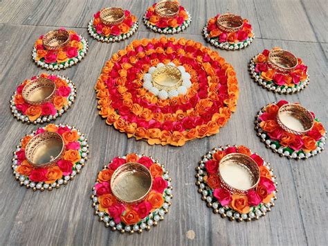 Handmade Rangoli Set Paper Flower And Beaded Pearls Art Etsy