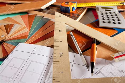 10214488 Architect Interior Designer Or Carpenter Workplace With Desk Design Tools Stock Photo 
