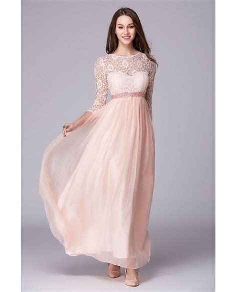 Elegant A Line Chiffon Lace Long Formal Dress With Sleeves Ck