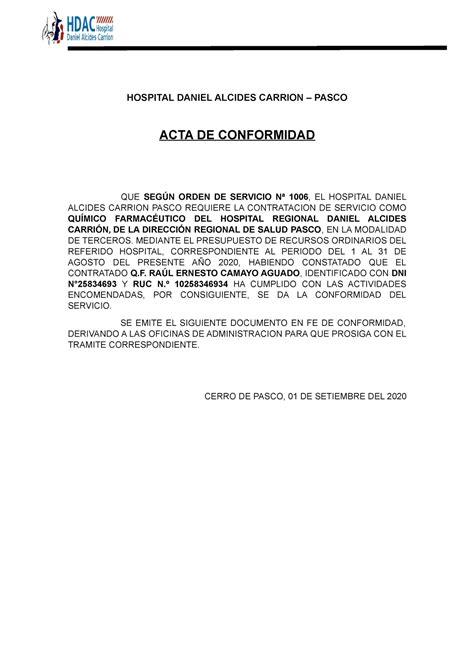 Acta De Conformidad Agosto Hospital Daniel Alcides Carrion Pasco