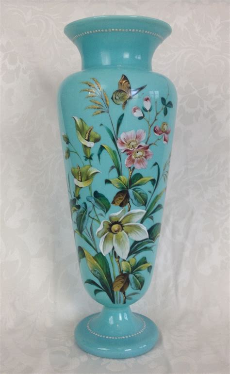 Stunning Large 15 C19th Bohemian Turquoise Opaline Glass Vase Possibly Harrach Enamels Flowers